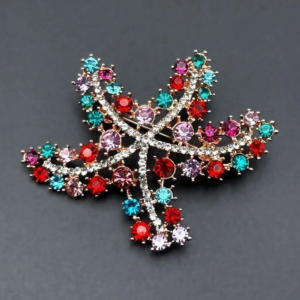 Rose Gold with Multicolored and White Diamond Crystal Starfish Pin Back Brooch